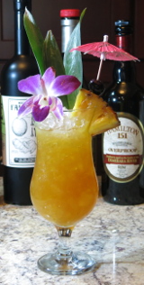 A Cobra's Fang tiki cocktail with excessive garnishing